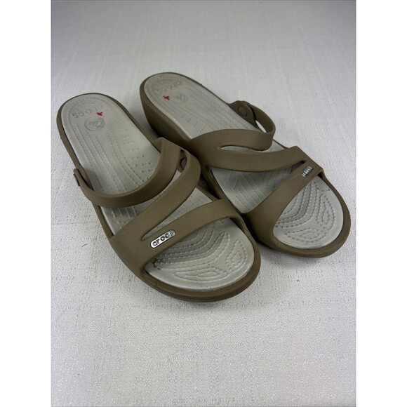 Crocs Patricia‎ Wedge Women's 10 Tan Strap Sandals Slides, Preowned - Picture 1 of 9